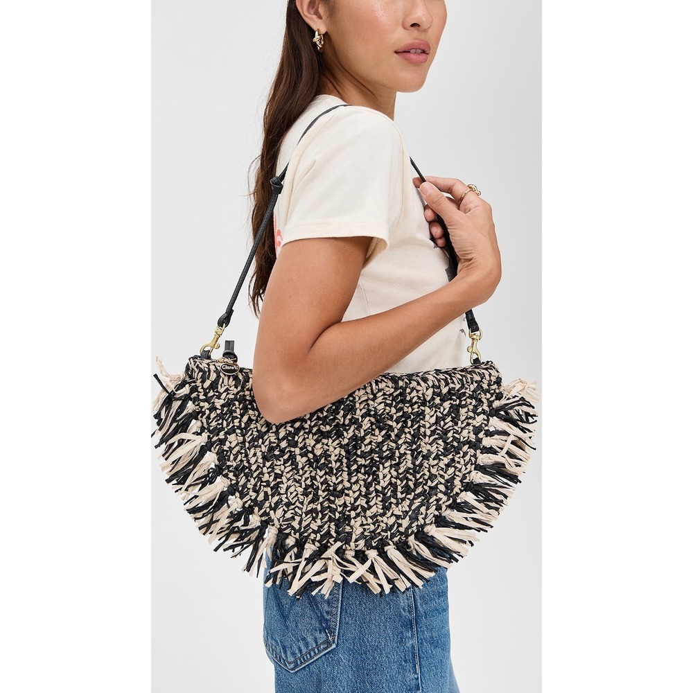 Clare V. Lune Black Cream Raffia Fringe Crescent Shoulder Bag